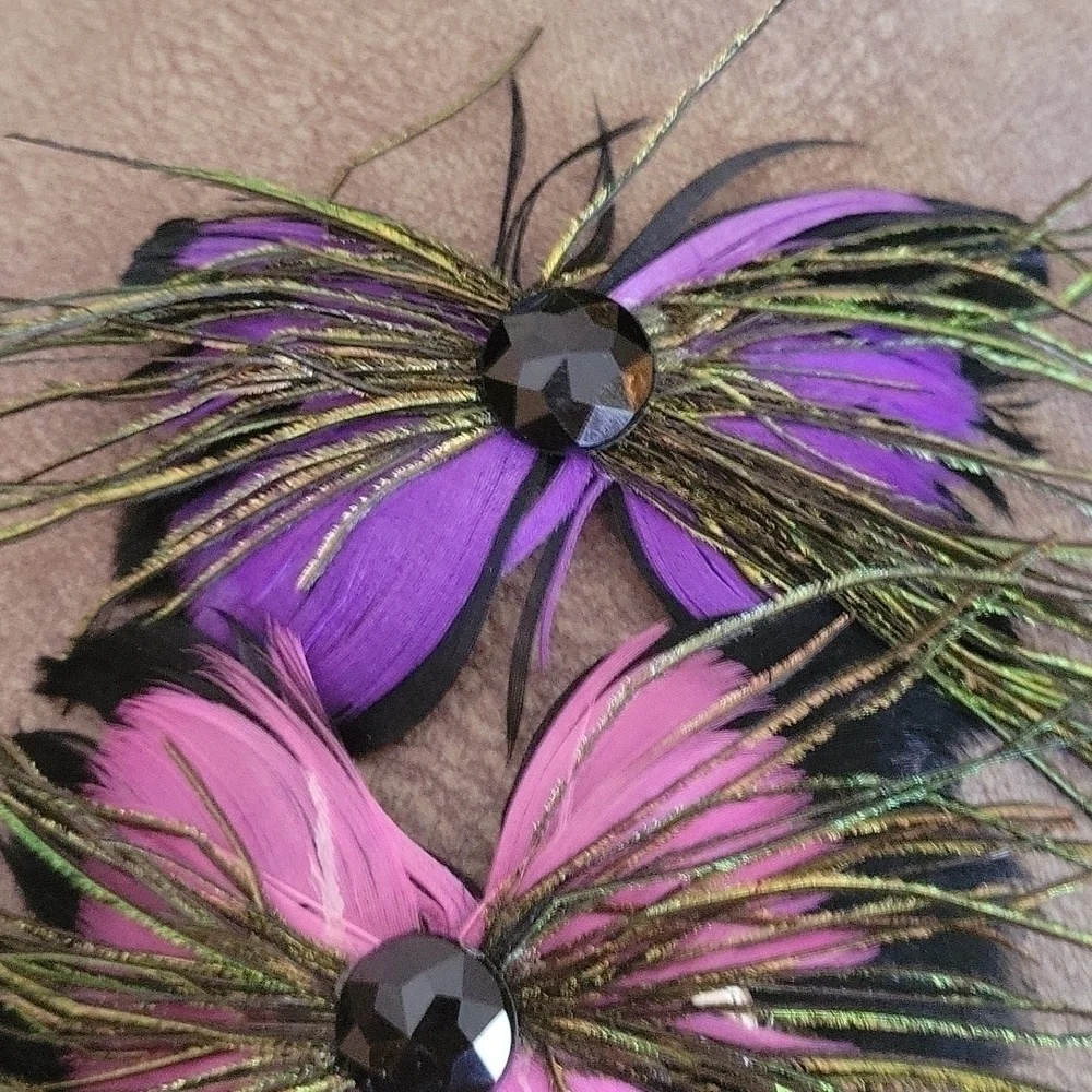 VTG 1980s Fairycore Peacock Feather Bow Hair Clip Flamenco Festival Barrettes
